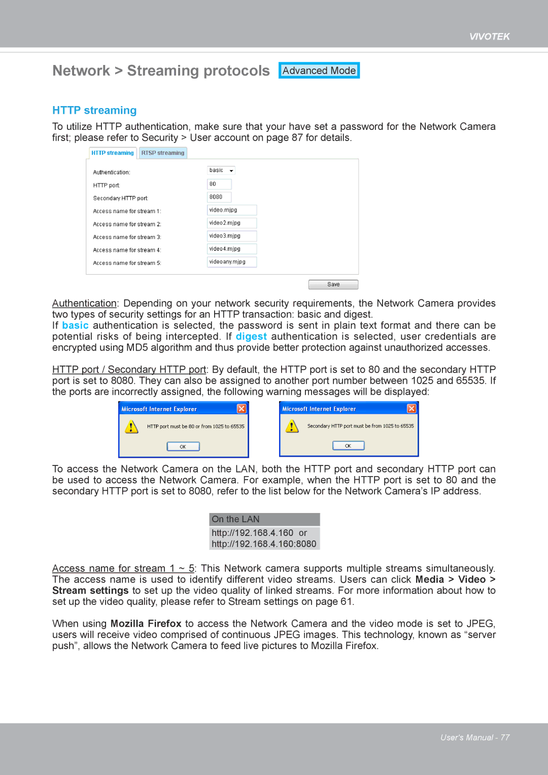 Vivotek FD8371EV user manual Network Streaming protocols, Http streaming 