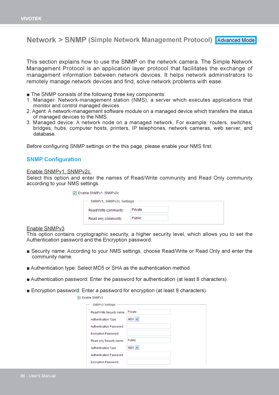 Vivotek FD8371EV user manual Network Snmp Simple Network Management Protocol, Snmp Configuration 