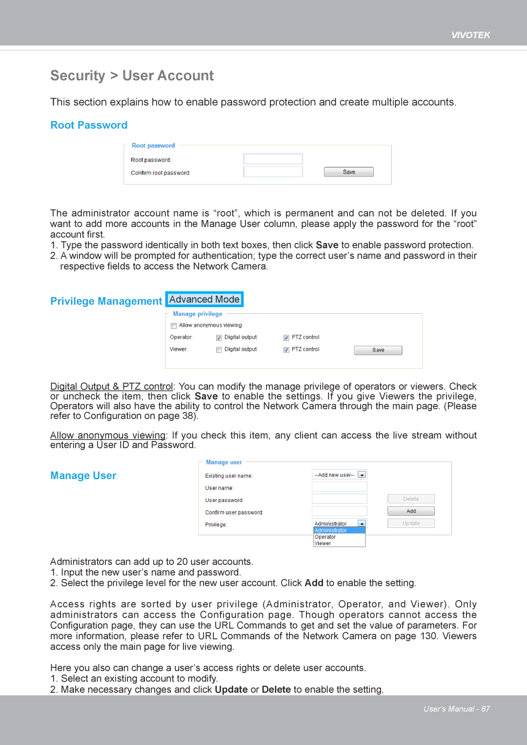 Vivotek FD8371EV user manual Security User Account, Root Password, Privilege Management, Manage User 