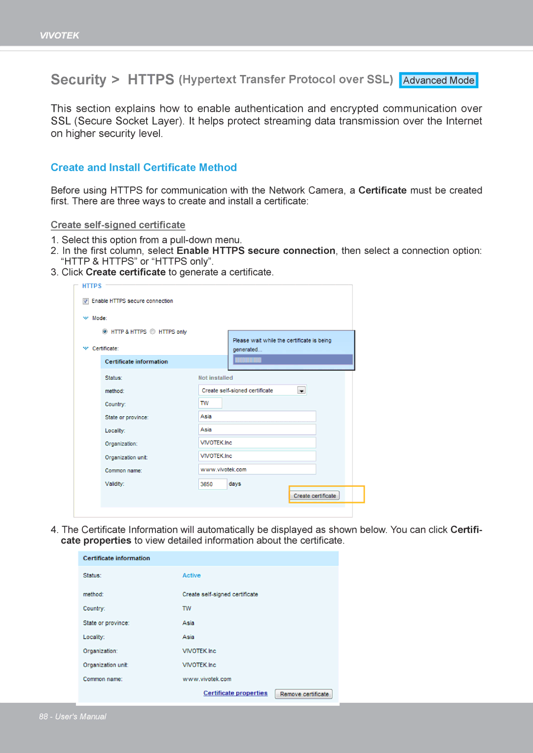 Vivotek FD8371EV user manual Security Https Hypertext Transfer Protocol over SSL, Create and Install Certificate Method 