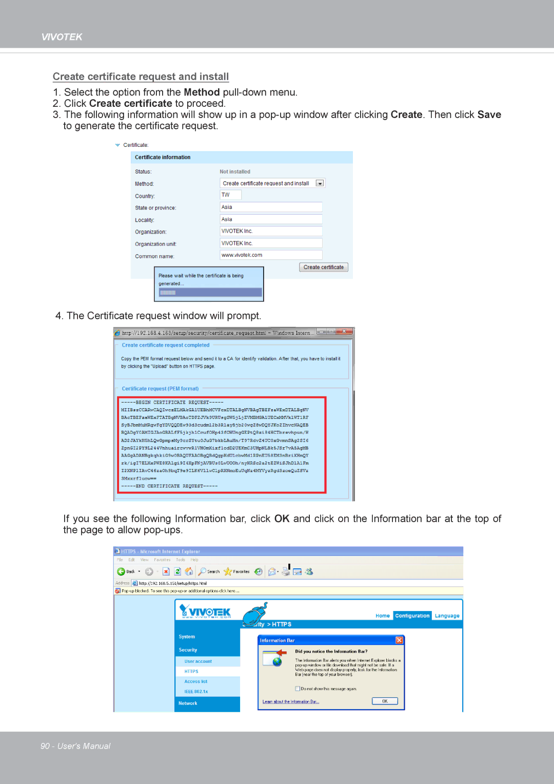 Vivotek FD8371EV user manual Create certificate request and install 