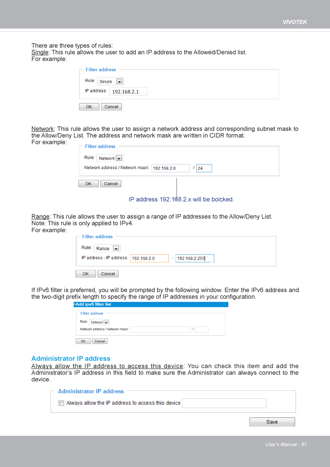 Vivotek FD8371EV user manual Administrator IP address, IP address 192.168.2.x will be bolcked 