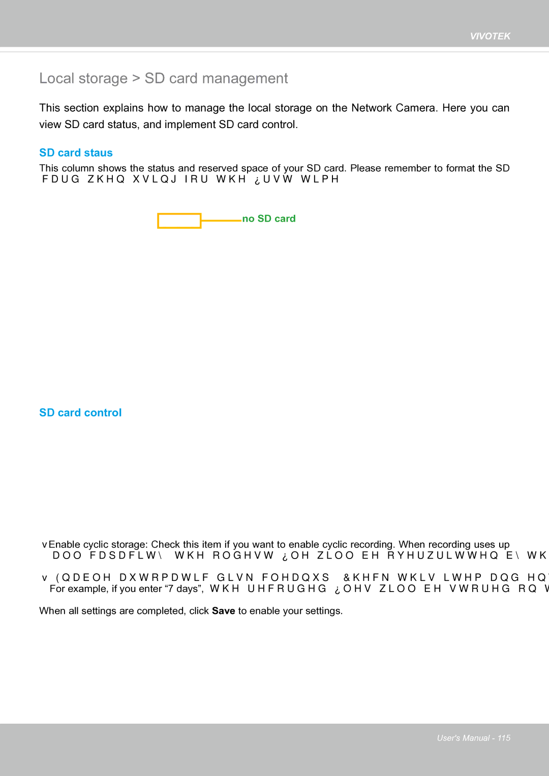 Vivotek FE8171V manual Local storage SD card management, SD card staus, SD card control 