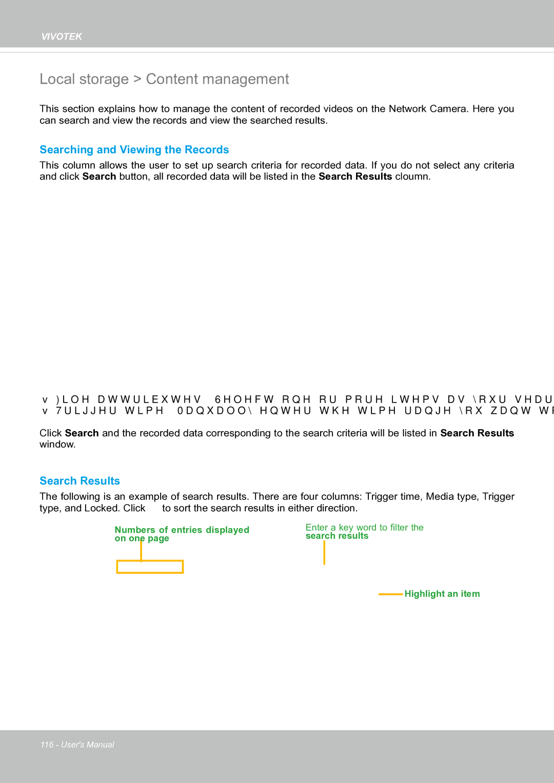 Vivotek FE8171V manual Local storage Content management, Searching and Viewing the Records, Search Results 