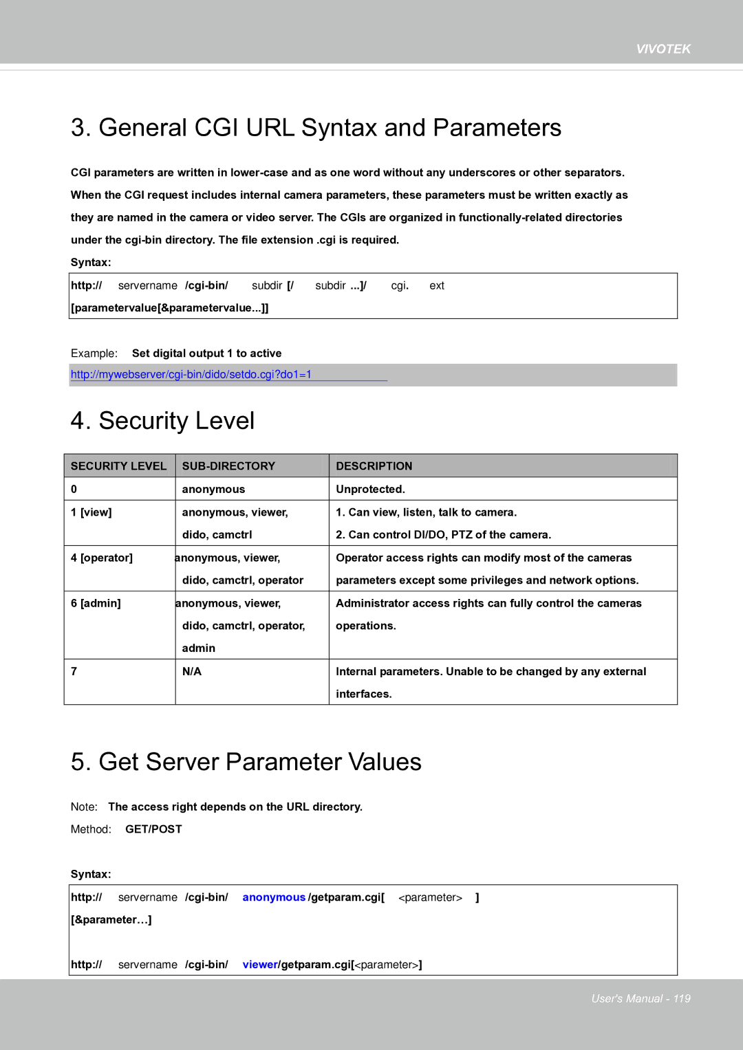 Vivotek FE8171V manual General CGI URL Syntax and Parameters 