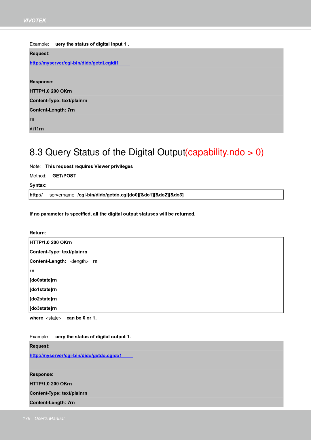 Vivotek FE8171V manual Query Status of the Digital Output capability.ndo, Http//myserver/cgi-bin/dido/getdi.cgi?di1 