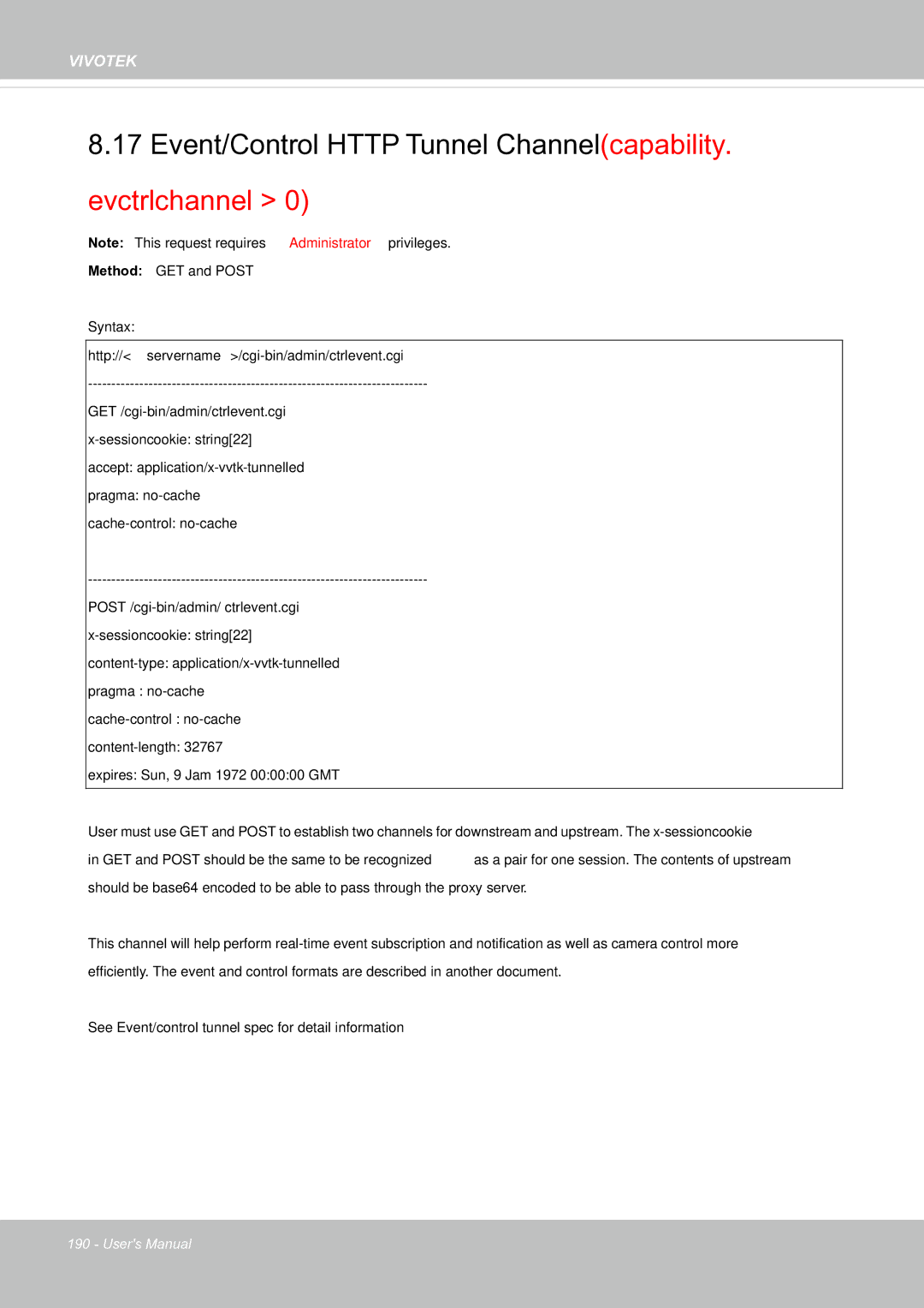 Vivotek FE8171V manual Event/Control Http Tunnel Channel capability. evctrlchannel 
