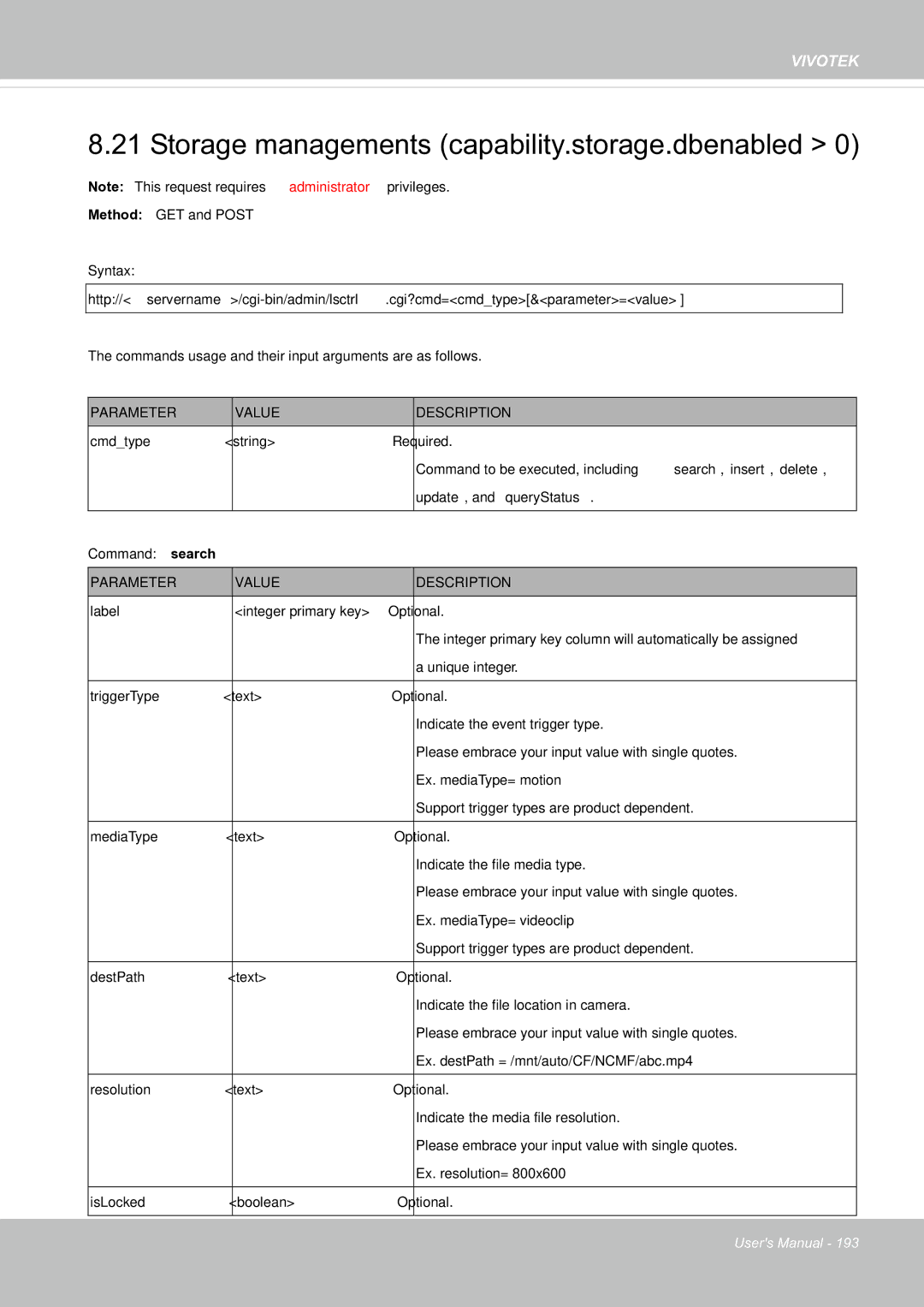 Vivotek FE8171V manual Storage managements capability.storage.dbenabled, Update, and queryStatus 