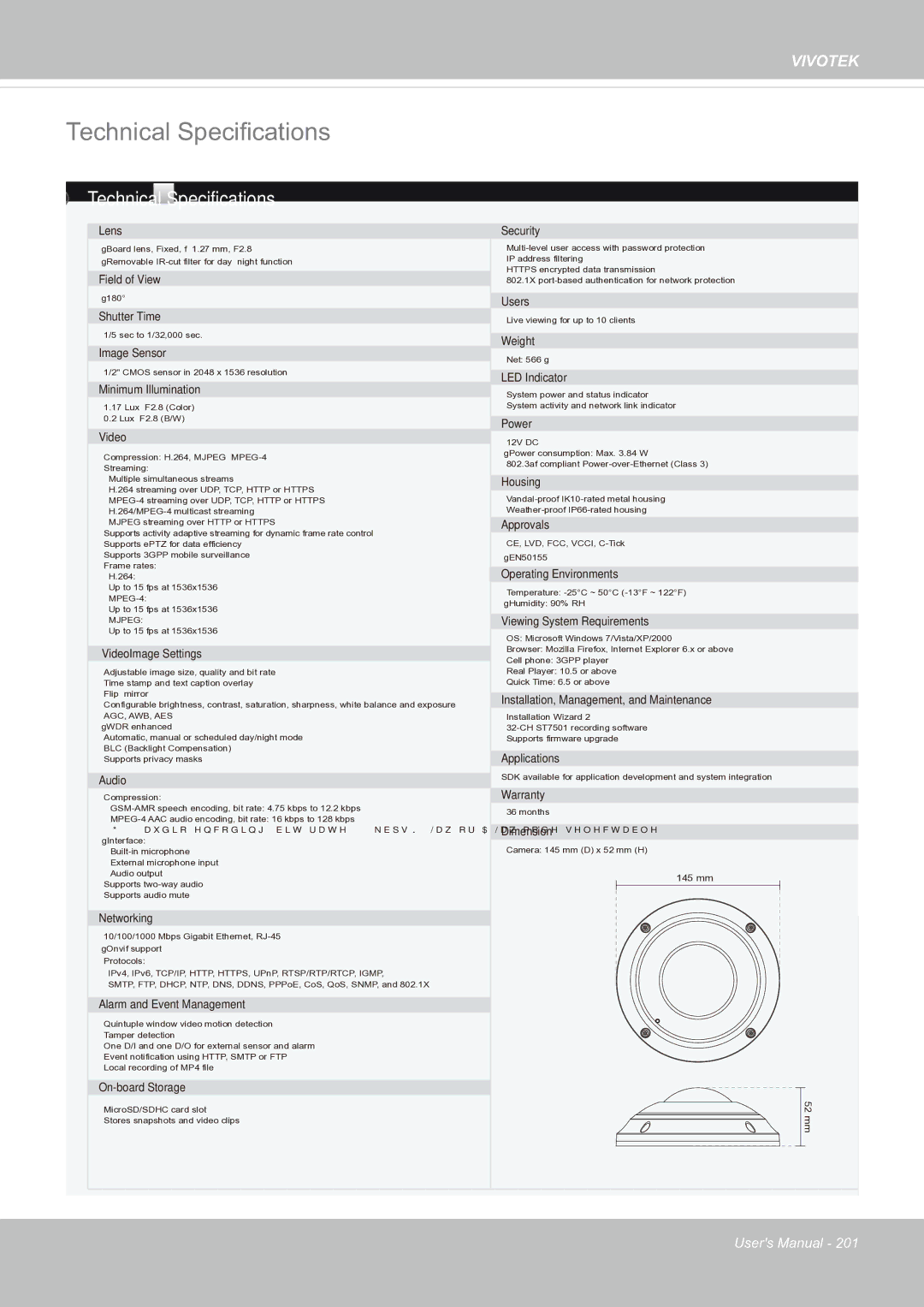 Vivotek FE8171V manual Technical Specifications 