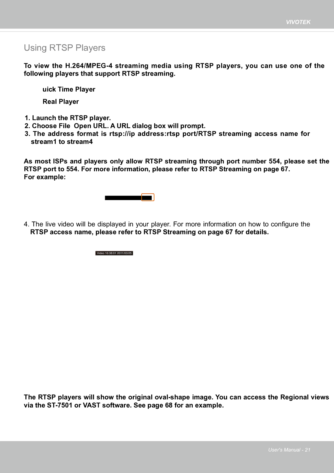 Vivotek FE8171V manual Using Rtsp Players 