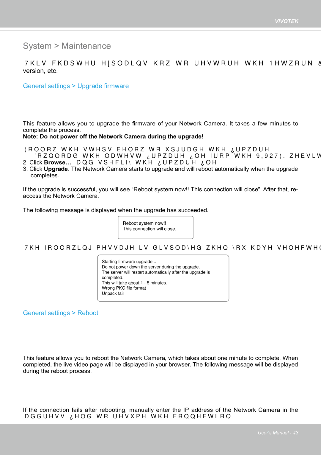 Vivotek FE8171V manual System Maintenance, General settings Upgrade firmware, General settings Reboot 