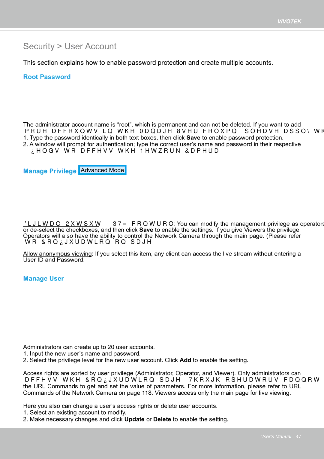 Vivotek FE8171V manual Security User Account, Root Password, Manage Privilege, Manage User 