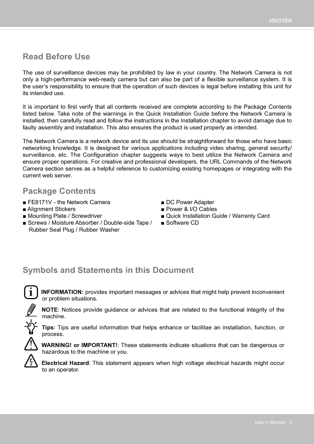 Vivotek FE8171V manual Read Before Use, Package Contents, Symbols and Statements in this Document 