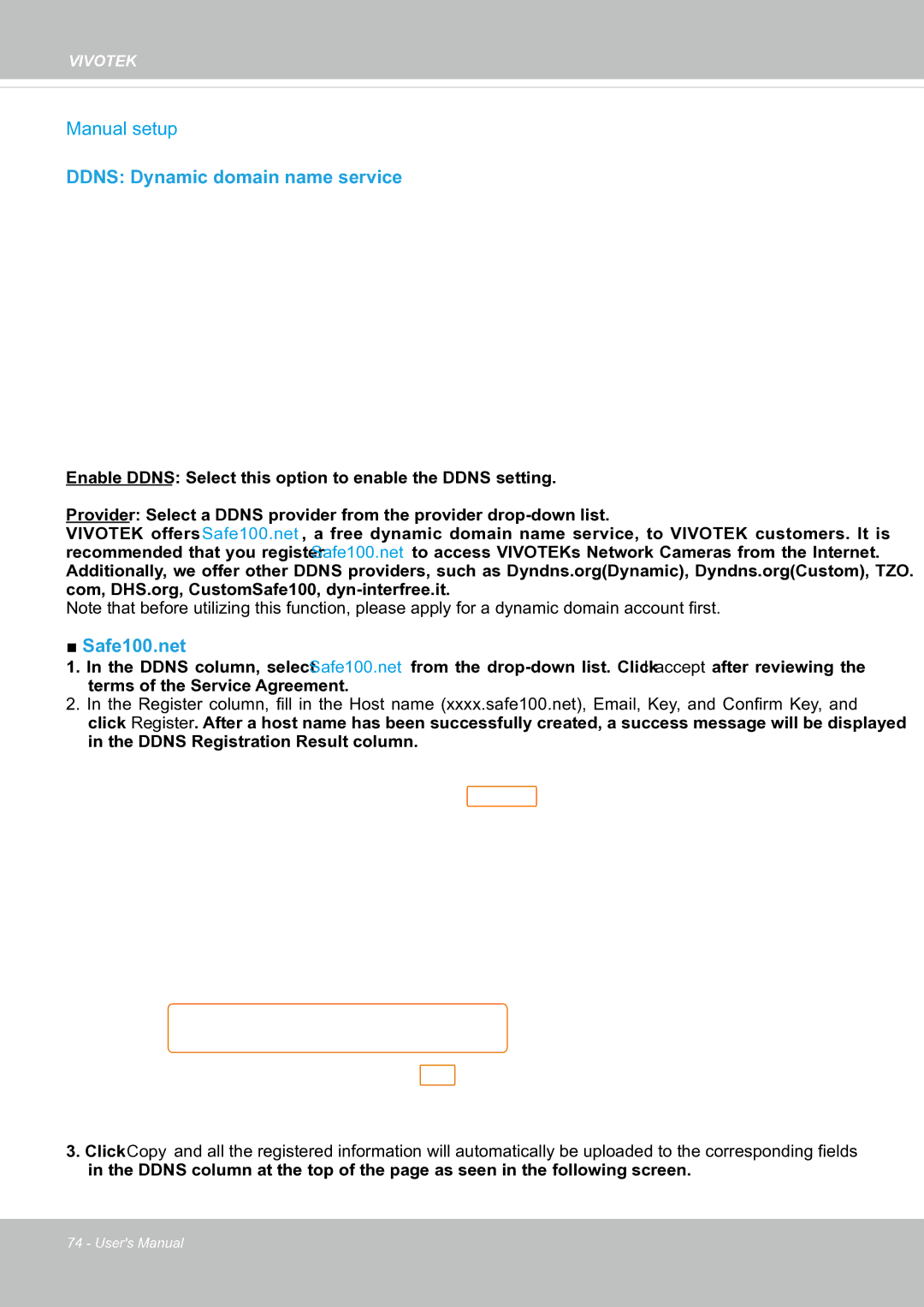 Vivotek FE8171V manual Manual setup, Ddns Dynamic domain name service 