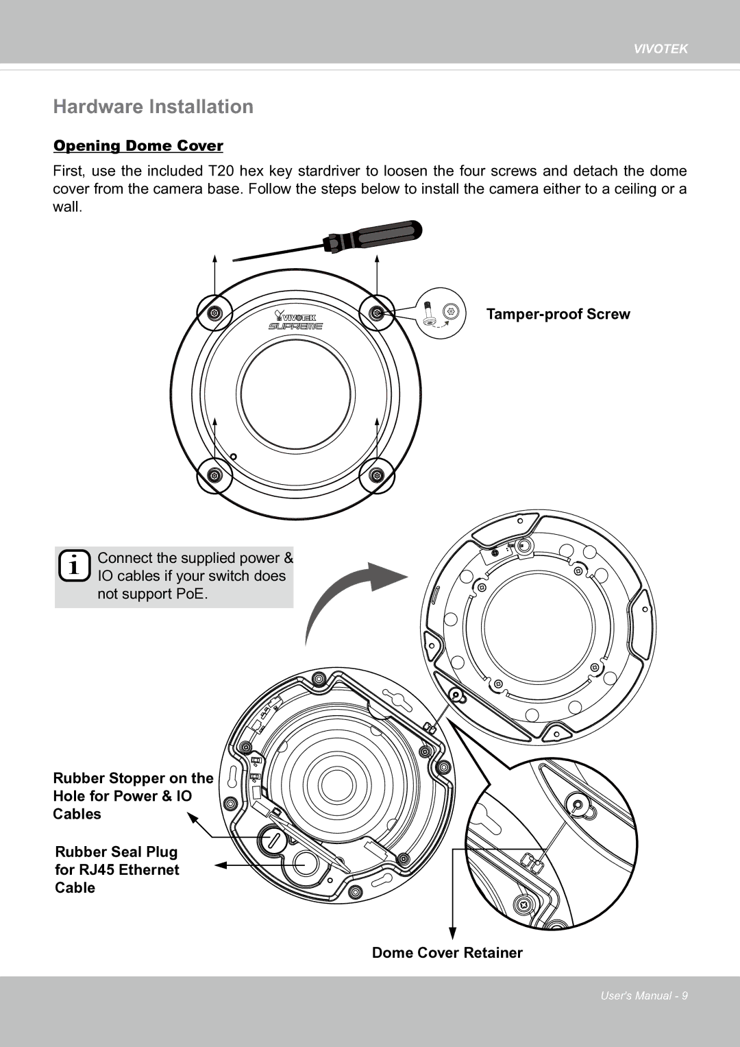 Vivotek FE8171V manual Hardware Installation, Opening Dome Cover 