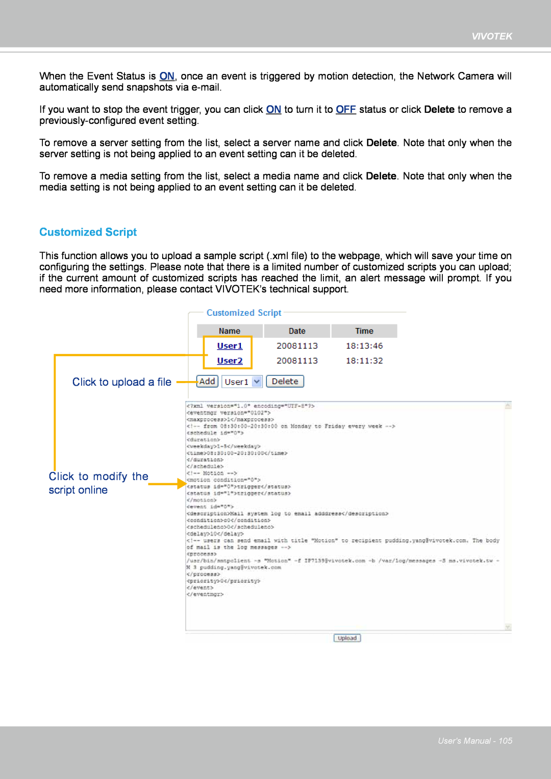 Vivotek FE8171V manual Customized Script, Click to upload a file, Click to modify the script online 