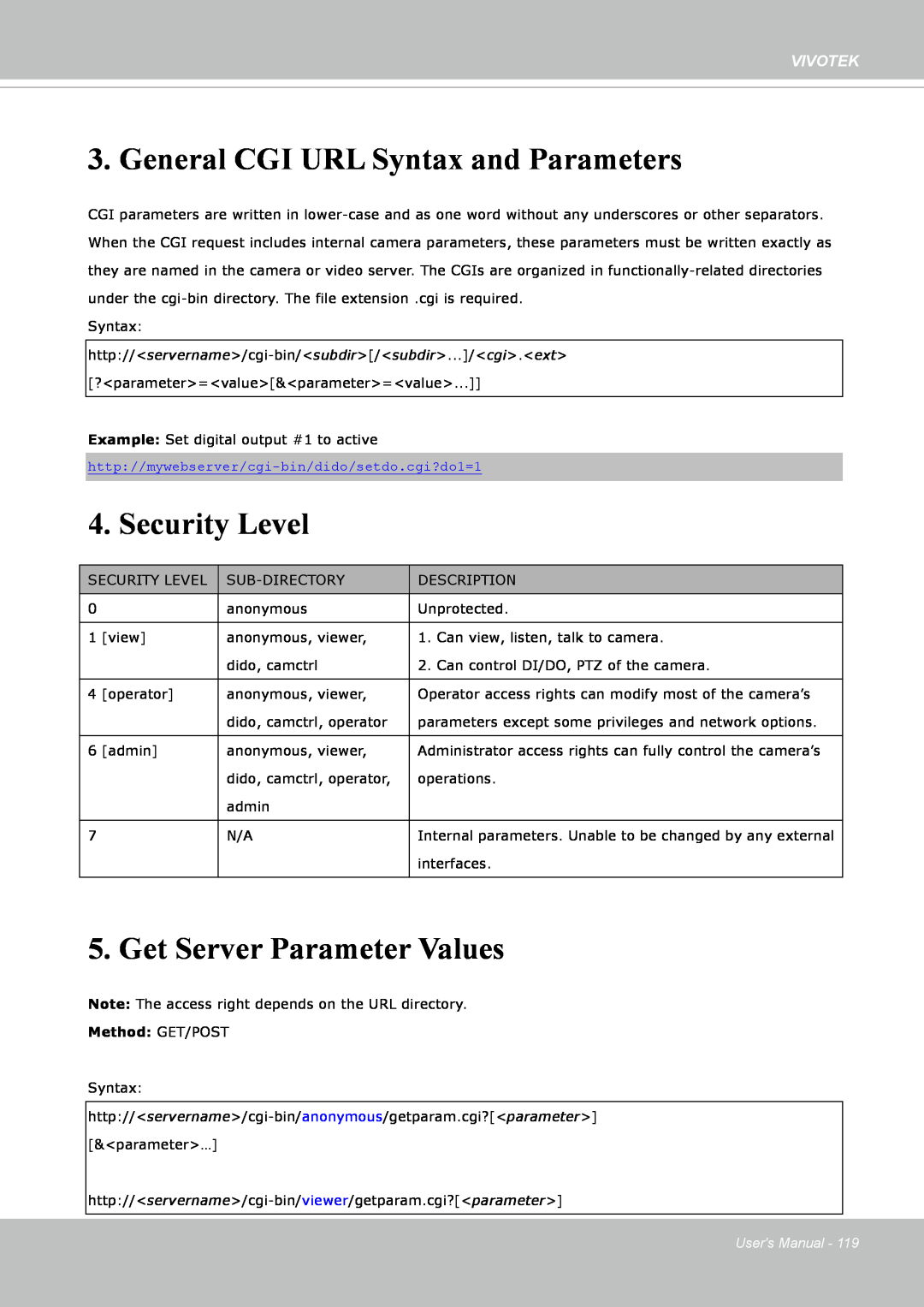 Vivotek FE8171V General CGI URL Syntax and Parameters, Security Level, Get Server Parameter Values, Vivotek, Users Manual 