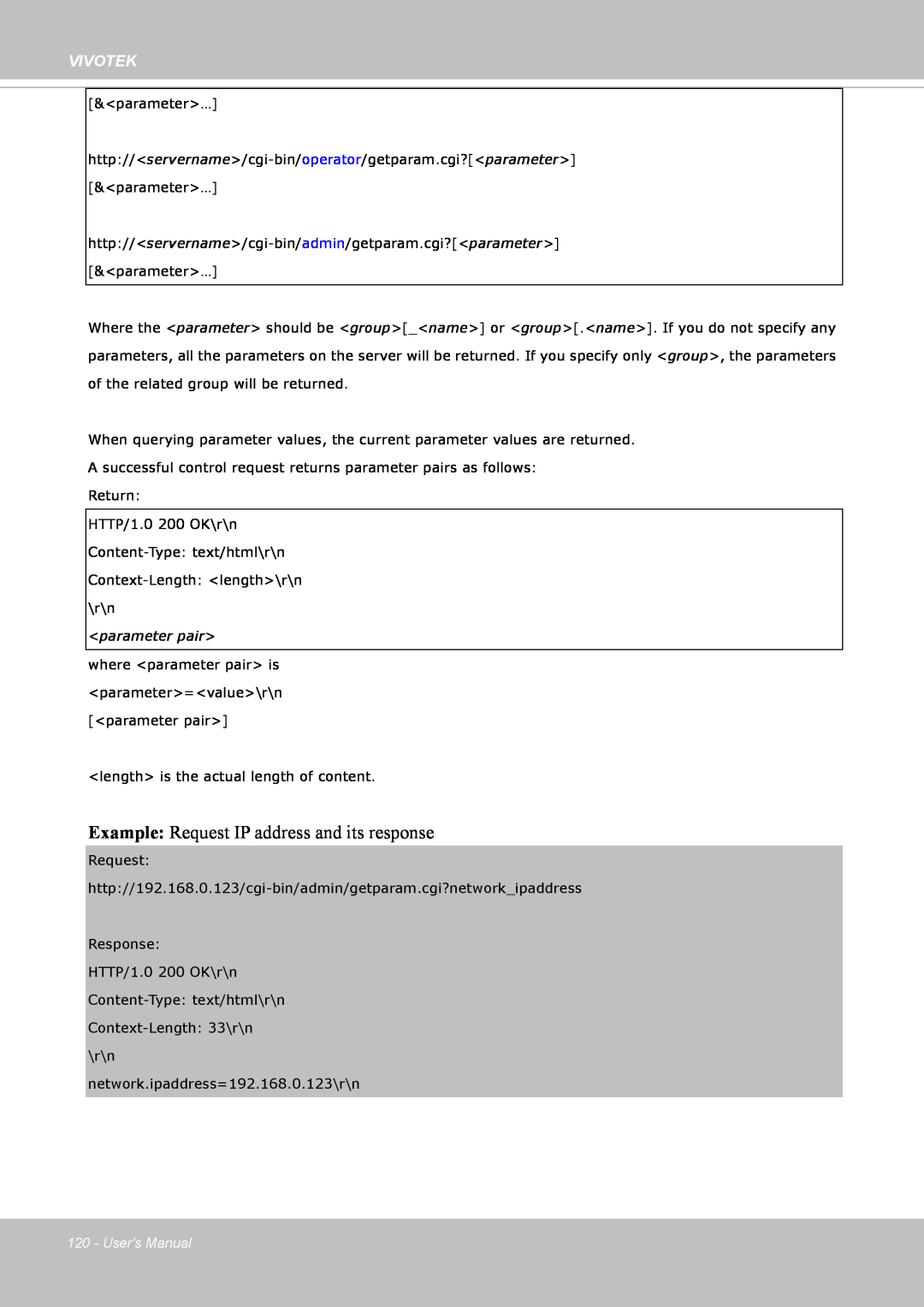 Vivotek FE8171V manual Example: Request IP address and its response, Vivotek, <parameter pair>, Users Manual 