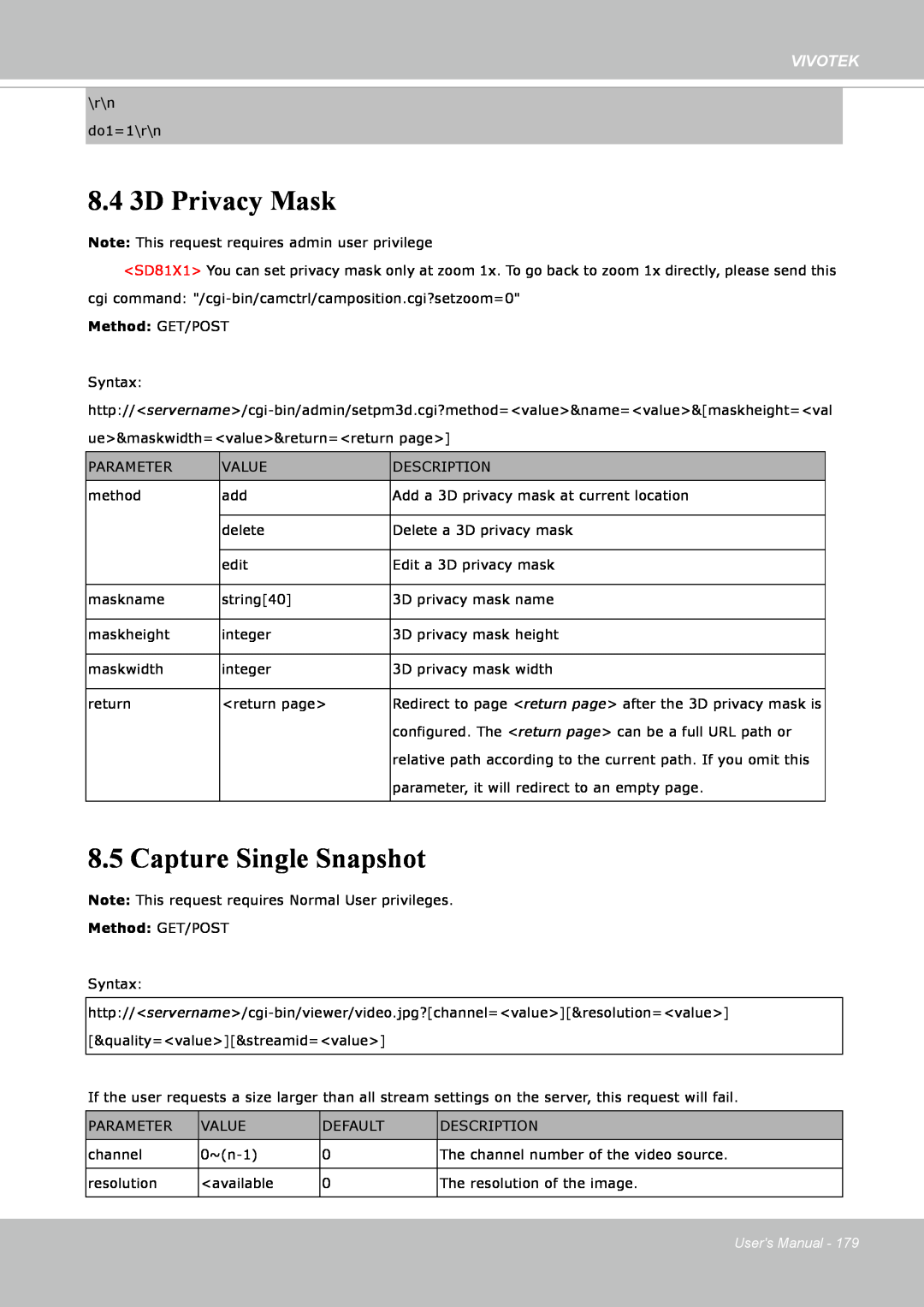 Vivotek FE8171V manual 8.4 3D Privacy Mask, Capture Single Snapshot, Vivotek, Method: GET/POST, Users Manual 