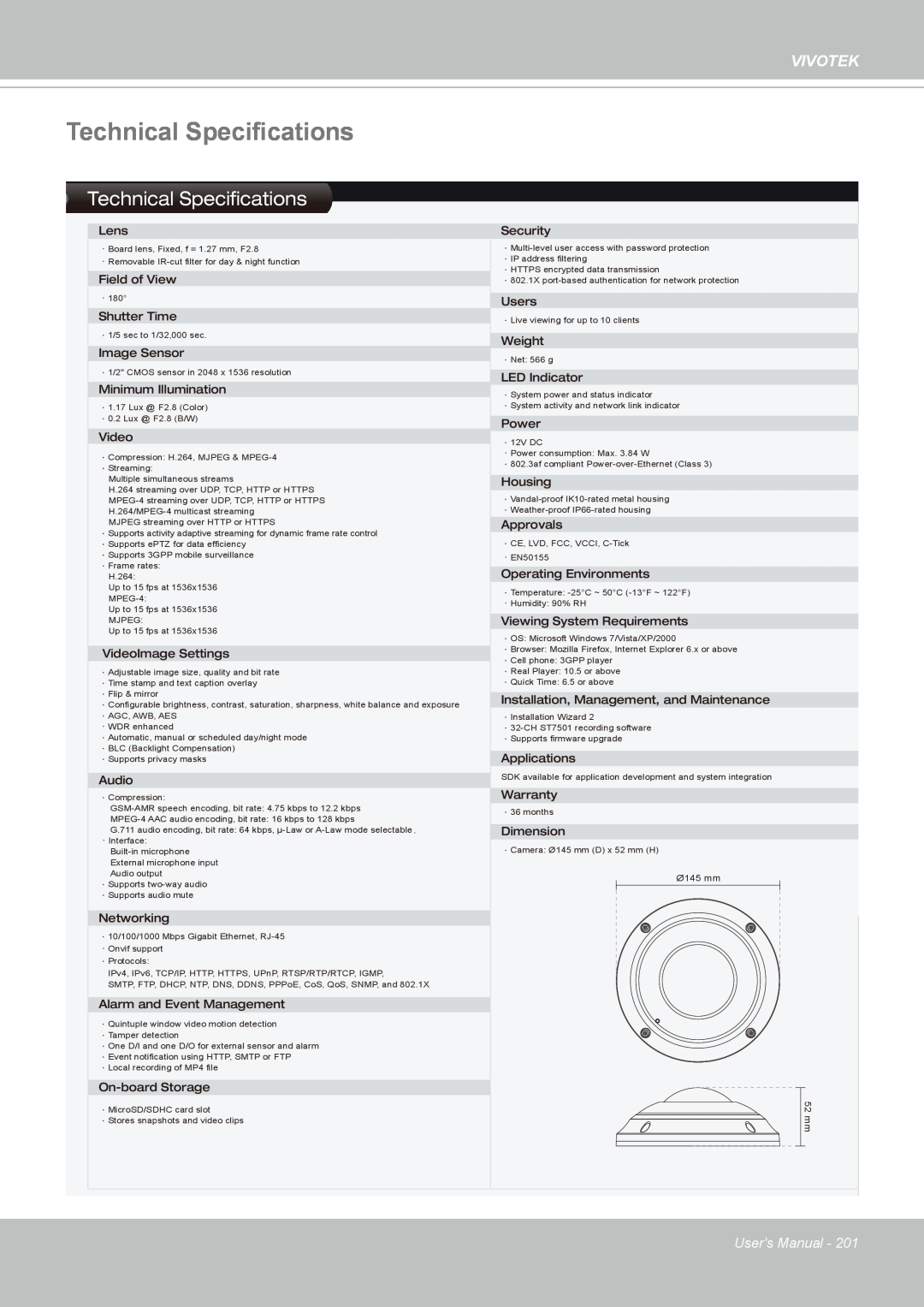 Vivotek FE8171V manual Technical Specifications, Vivotek, Users Manual 
