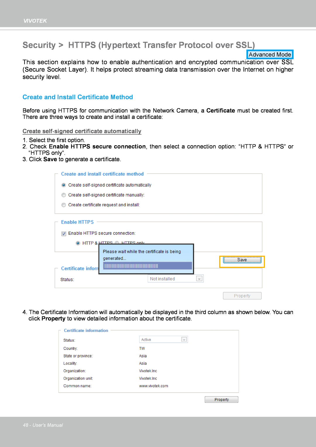 Vivotek FE8171V manual Create and Install Certificate Method, Create self-signedcertificate automatically 