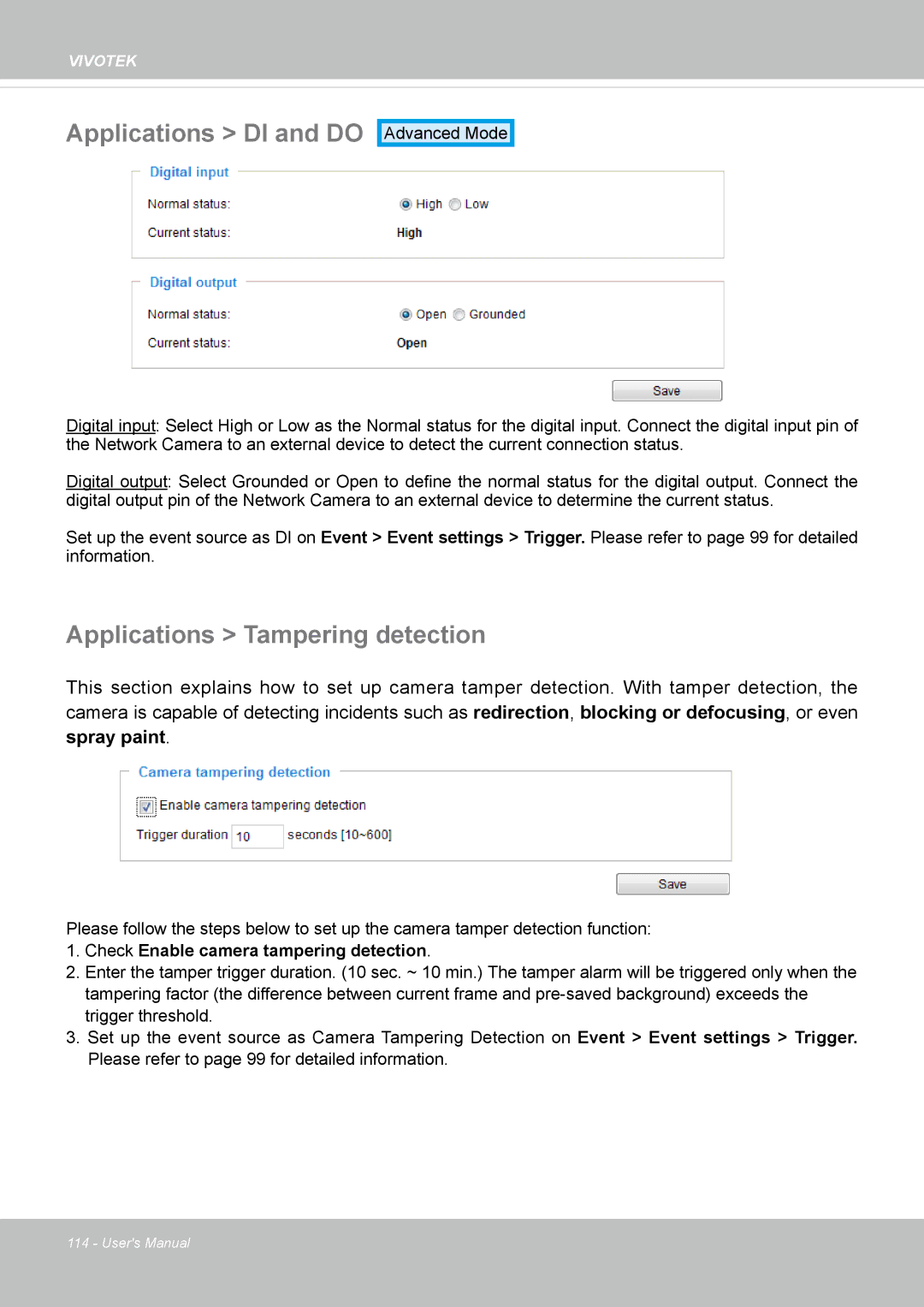 Vivotek FE8173 user manual Applications DI and do, Applications Tampering detection 