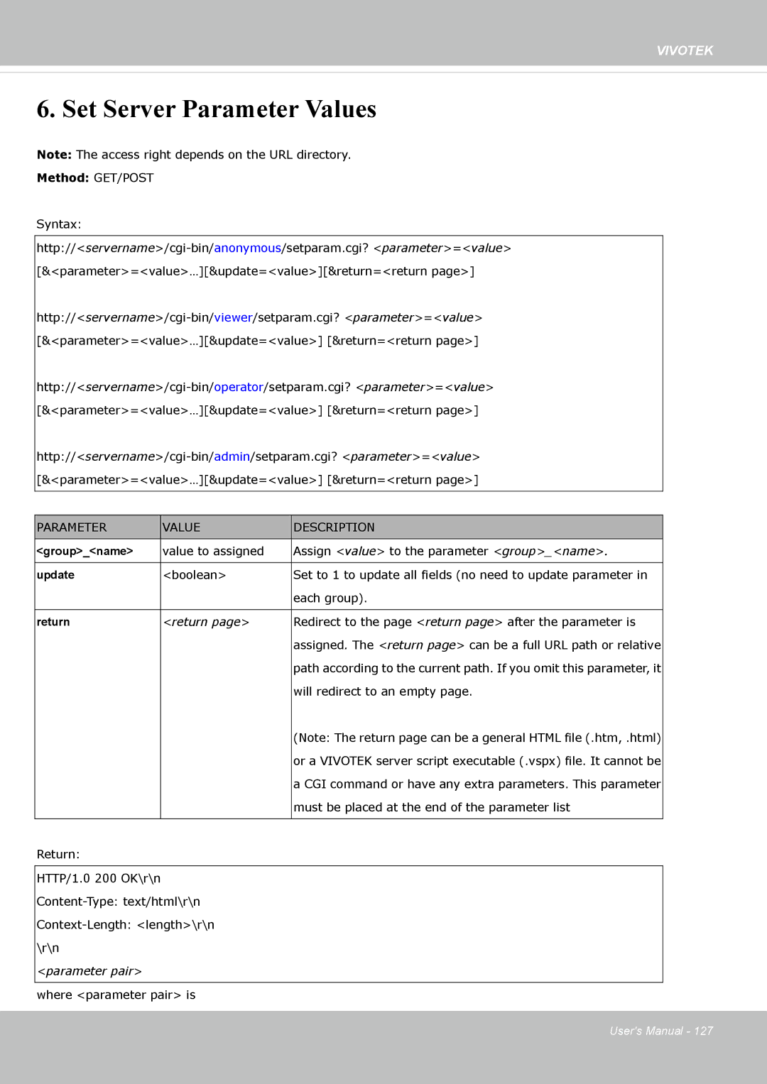 Vivotek FE8173 user manual Set Server Parameter Values 