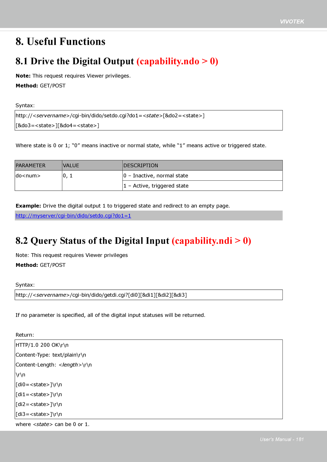 Vivotek FE8173 user manual Drive the Digital Output capability.ndo, Query Status of the Digital Input capability.ndi 