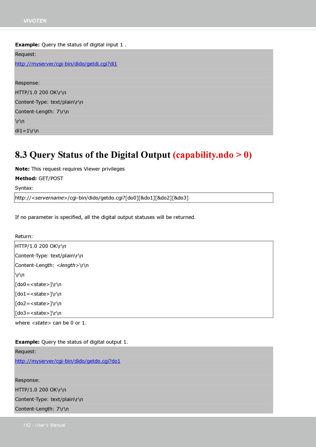 Vivotek FE8173 user manual Query Status of the Digital Output capability.ndo, Http//myserver/cgi-bin/dido/getdi.cgi?di1 