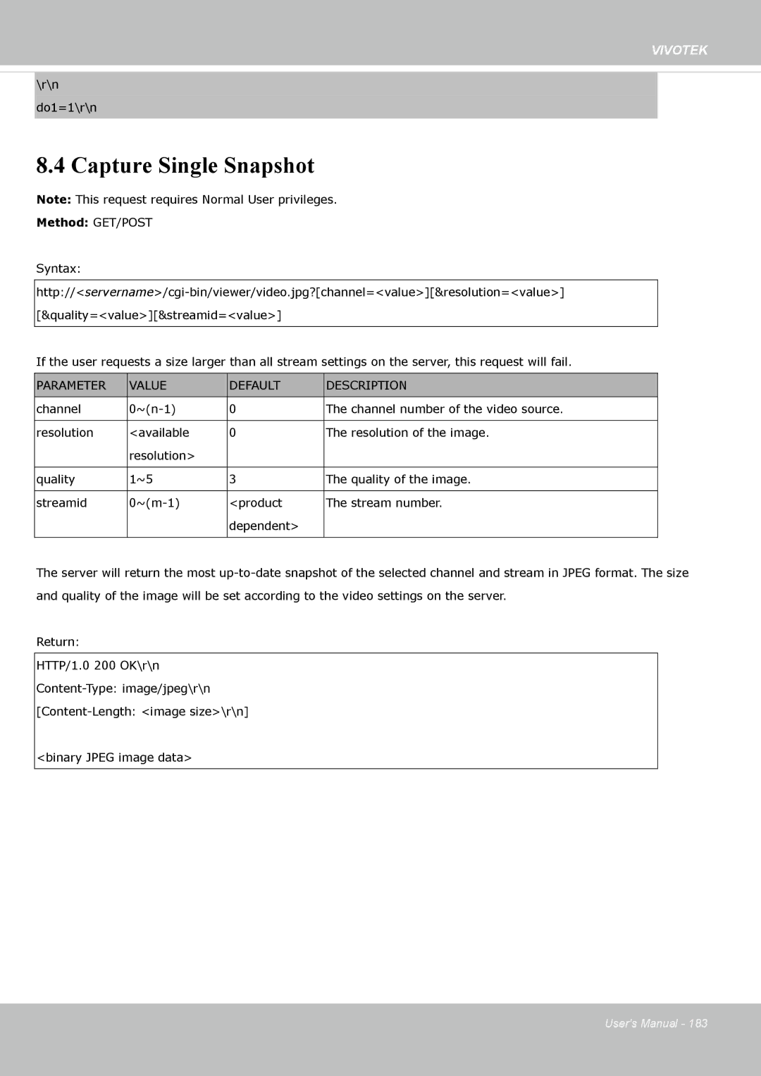 Vivotek FE8173 user manual Capture Single Snapshot, Parameter Value Default Description 