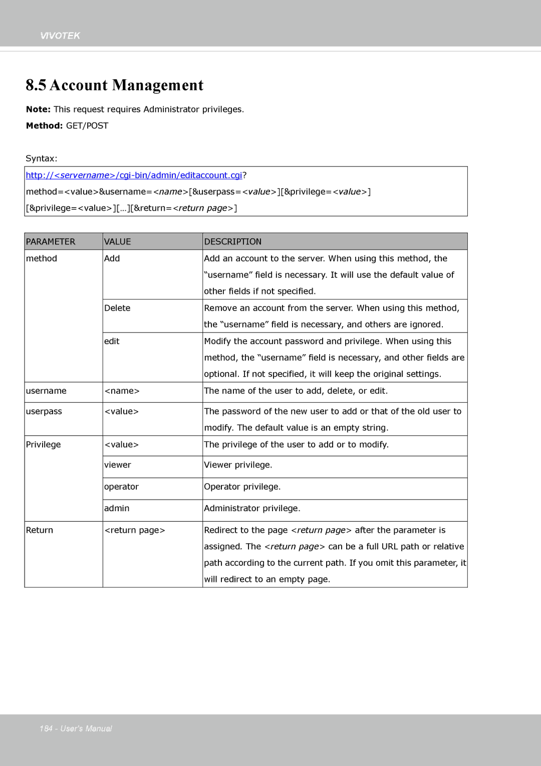 Vivotek FE8173 user manual Account Management 