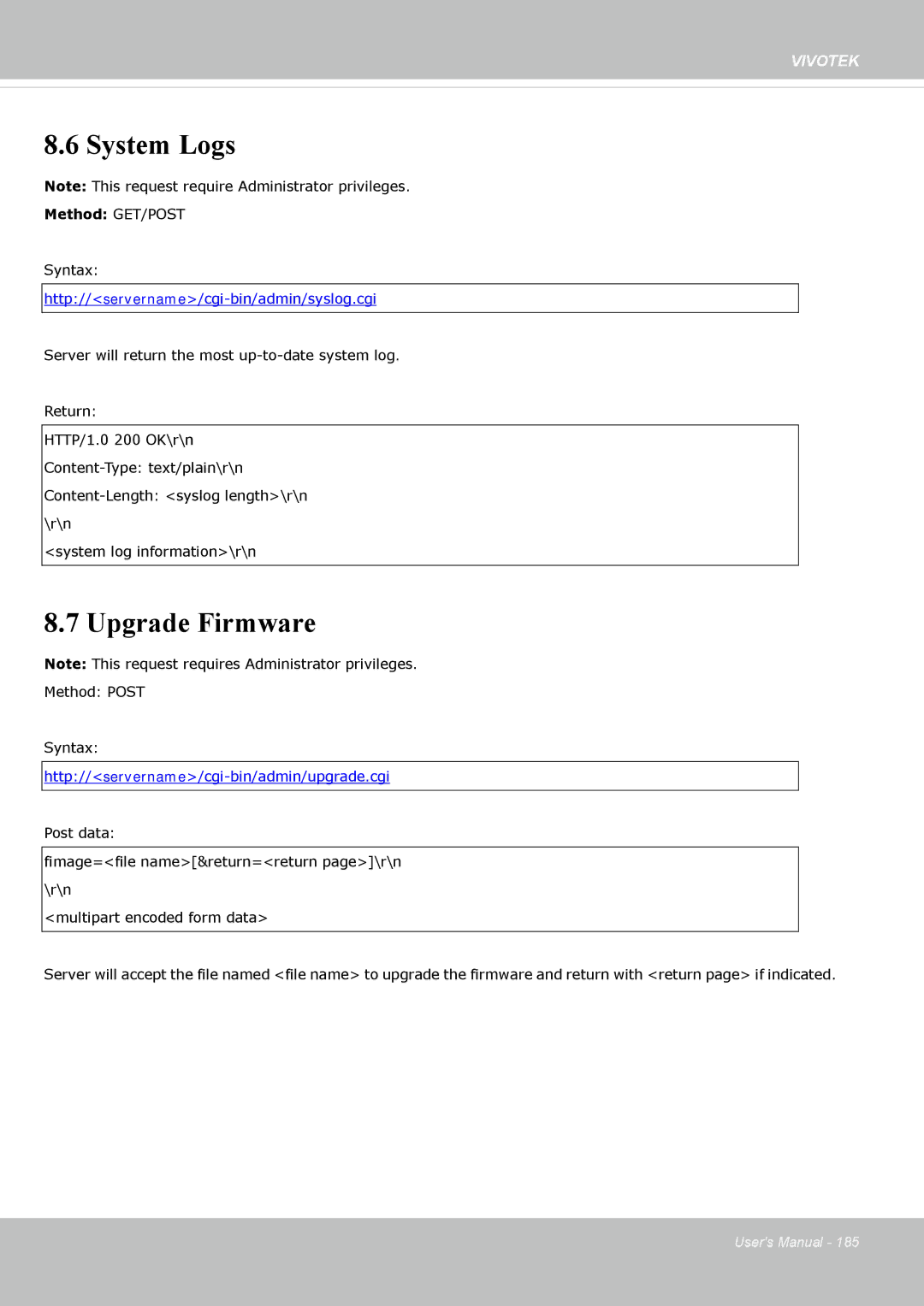 Vivotek FE8173 user manual System Logs, Upgrade Firmware 