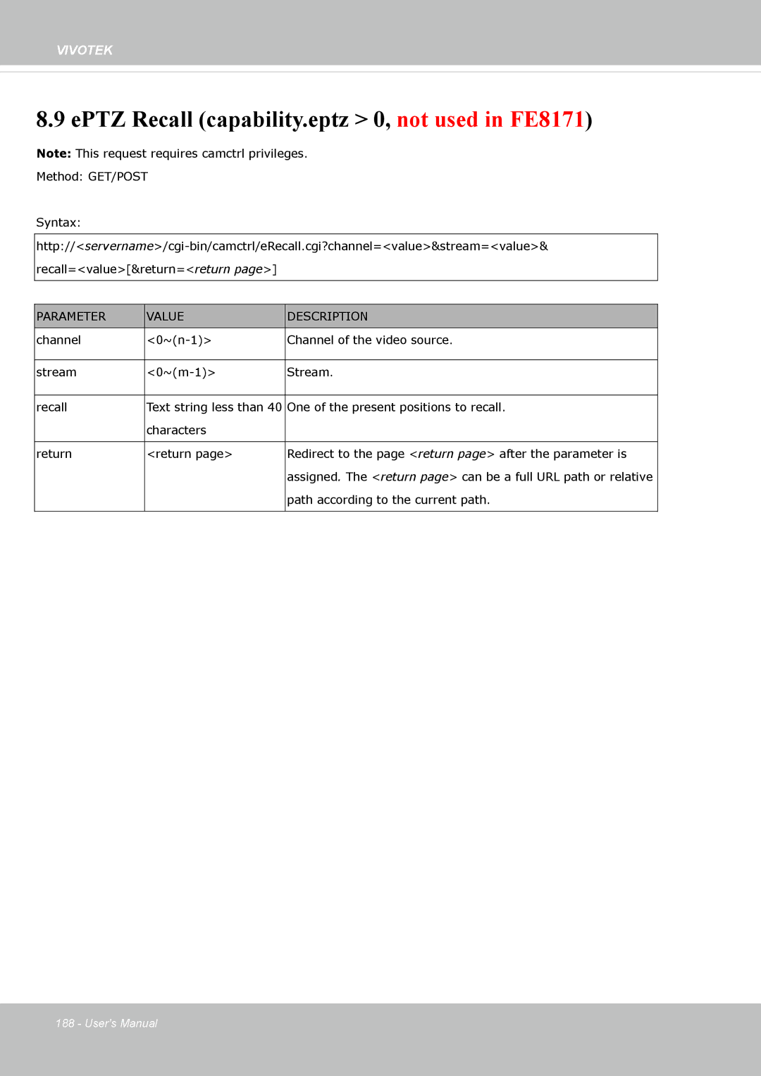 Vivotek FE8173 user manual EPTZ Recall capability.eptz 0, not used in FE8171 