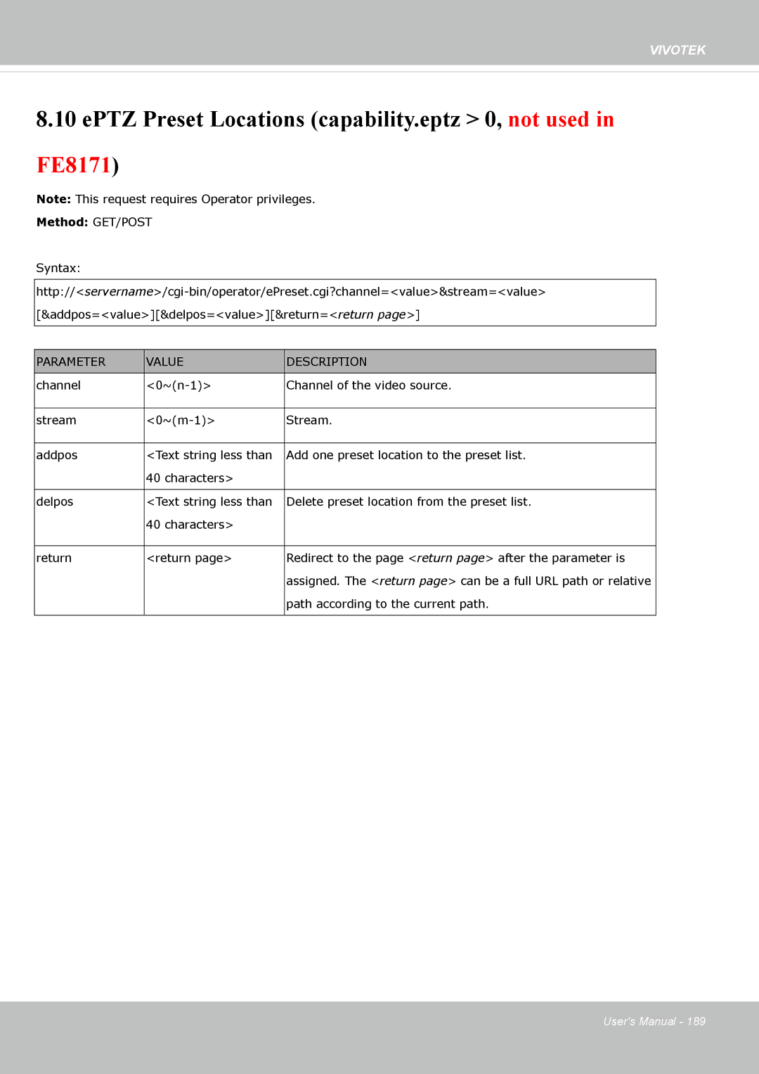 Vivotek FE8173 user manual EPTZ Preset Locations capability.eptz 0, not used in FE8171 