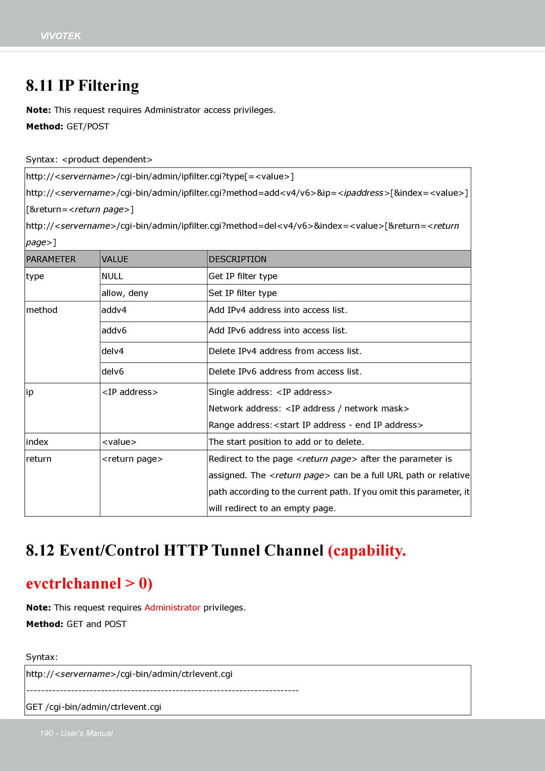 Vivotek FE8173 user manual IP Filtering, Event/Control Http Tunnel Channel capability. evctrlchannel 