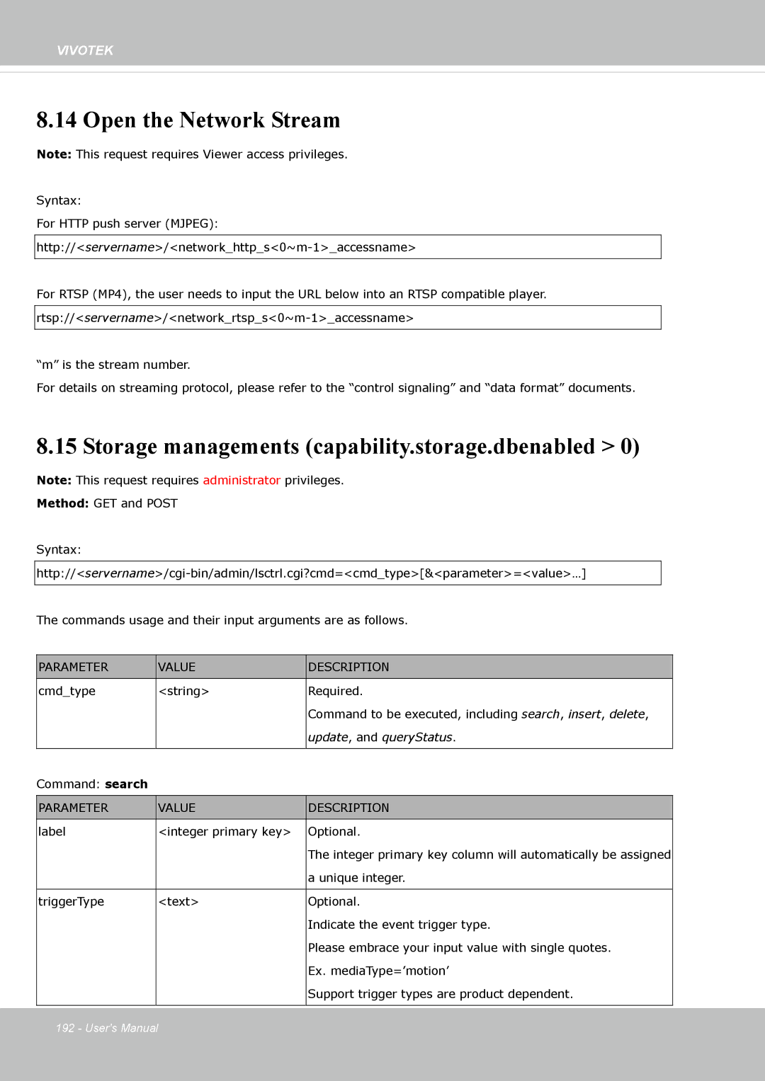 Vivotek FE8173 user manual Open the Network Stream, Storage managements capability.storage.dbenabled 