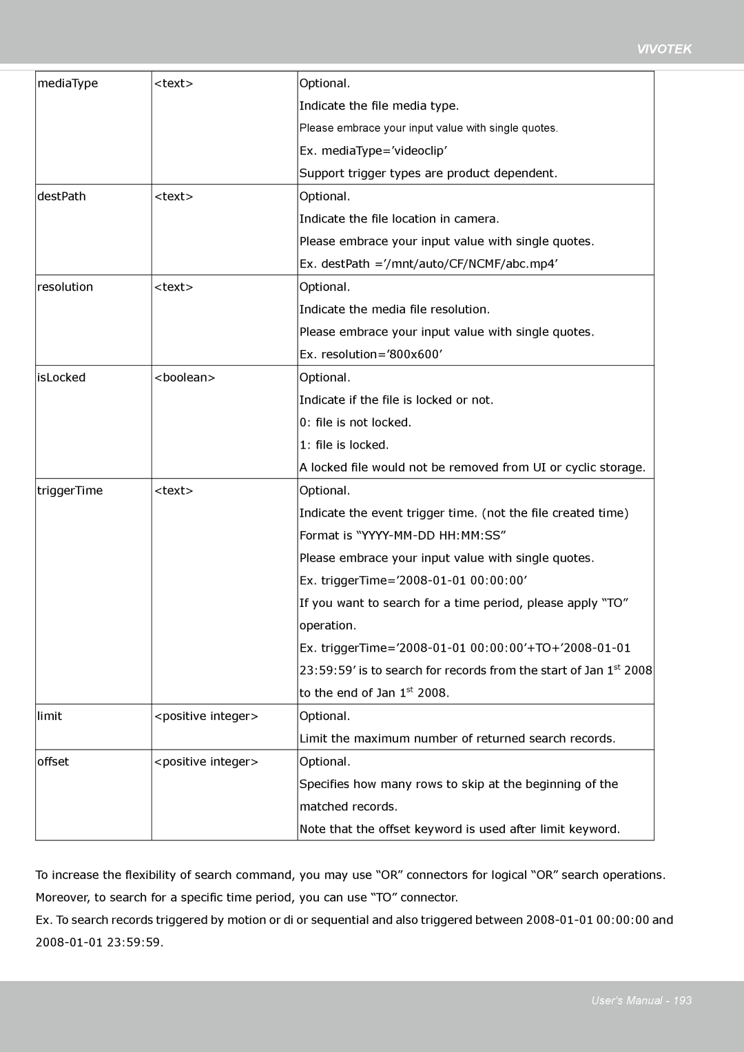 Vivotek FE8173 user manual MediaType Text Optional Indicate the file media type 