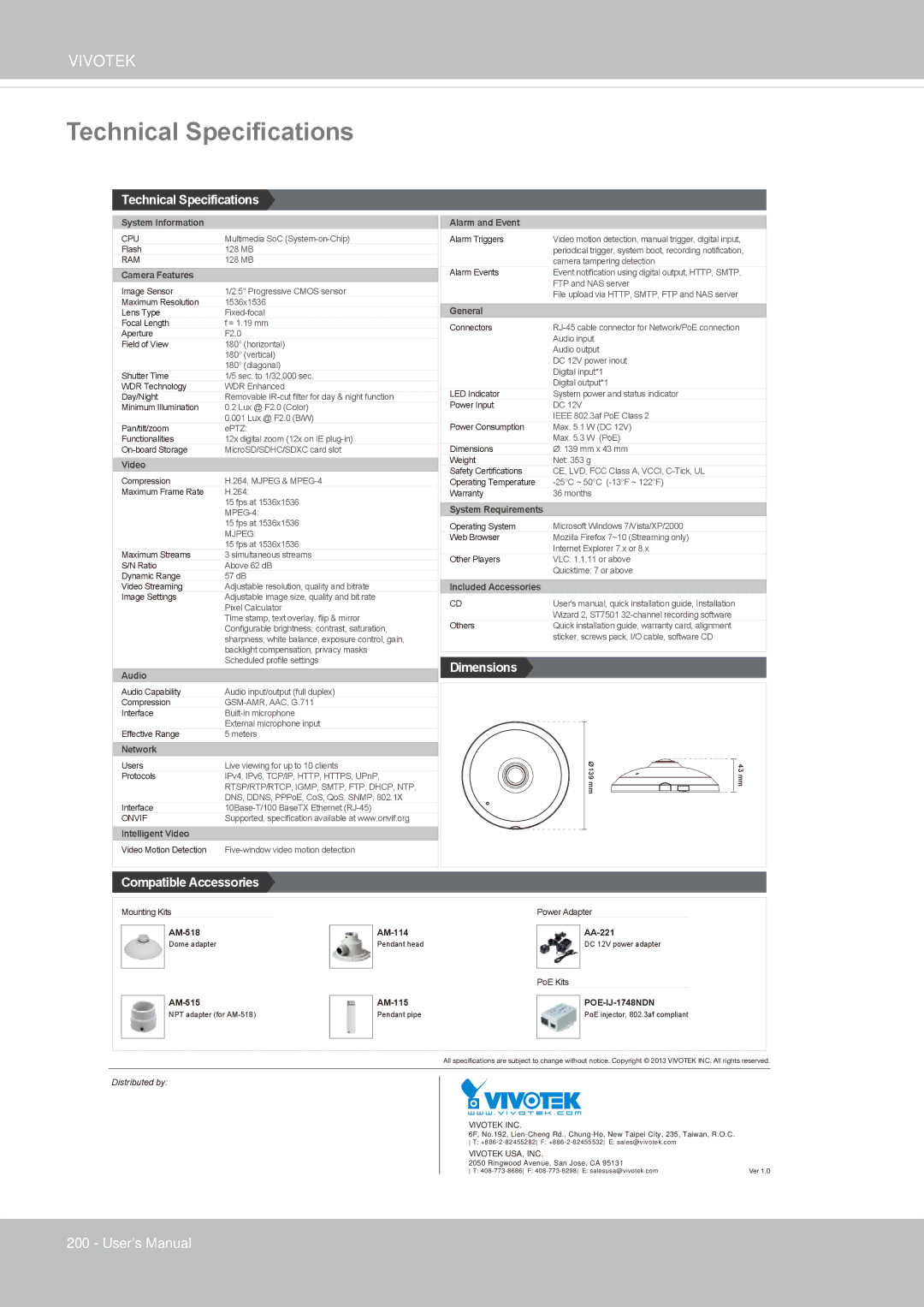 Vivotek FE8173 user manual Technical Specifications 