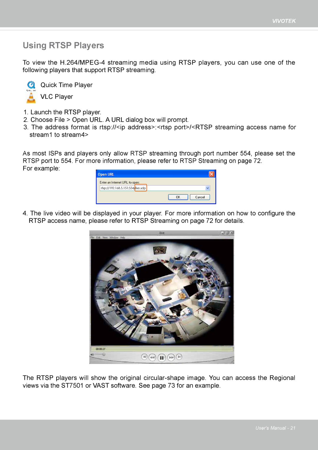 Vivotek FE8173 user manual Using Rtsp Players 