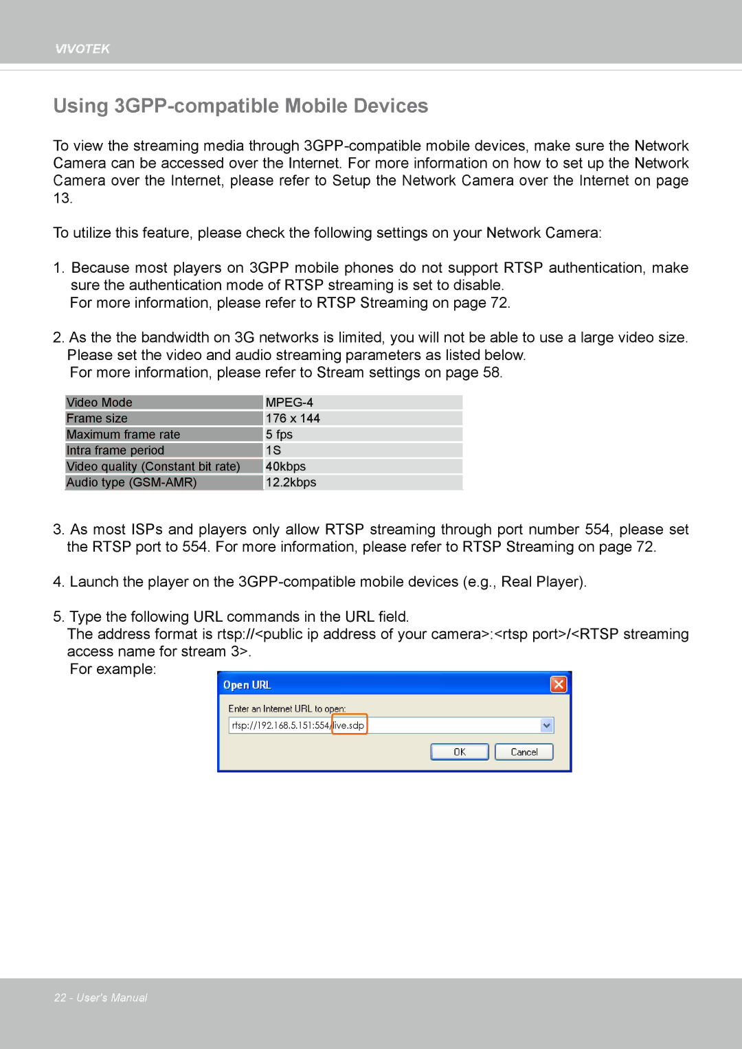 Vivotek FE8173 user manual Using 3GPP-compatible Mobile Devices, MPEG-4 