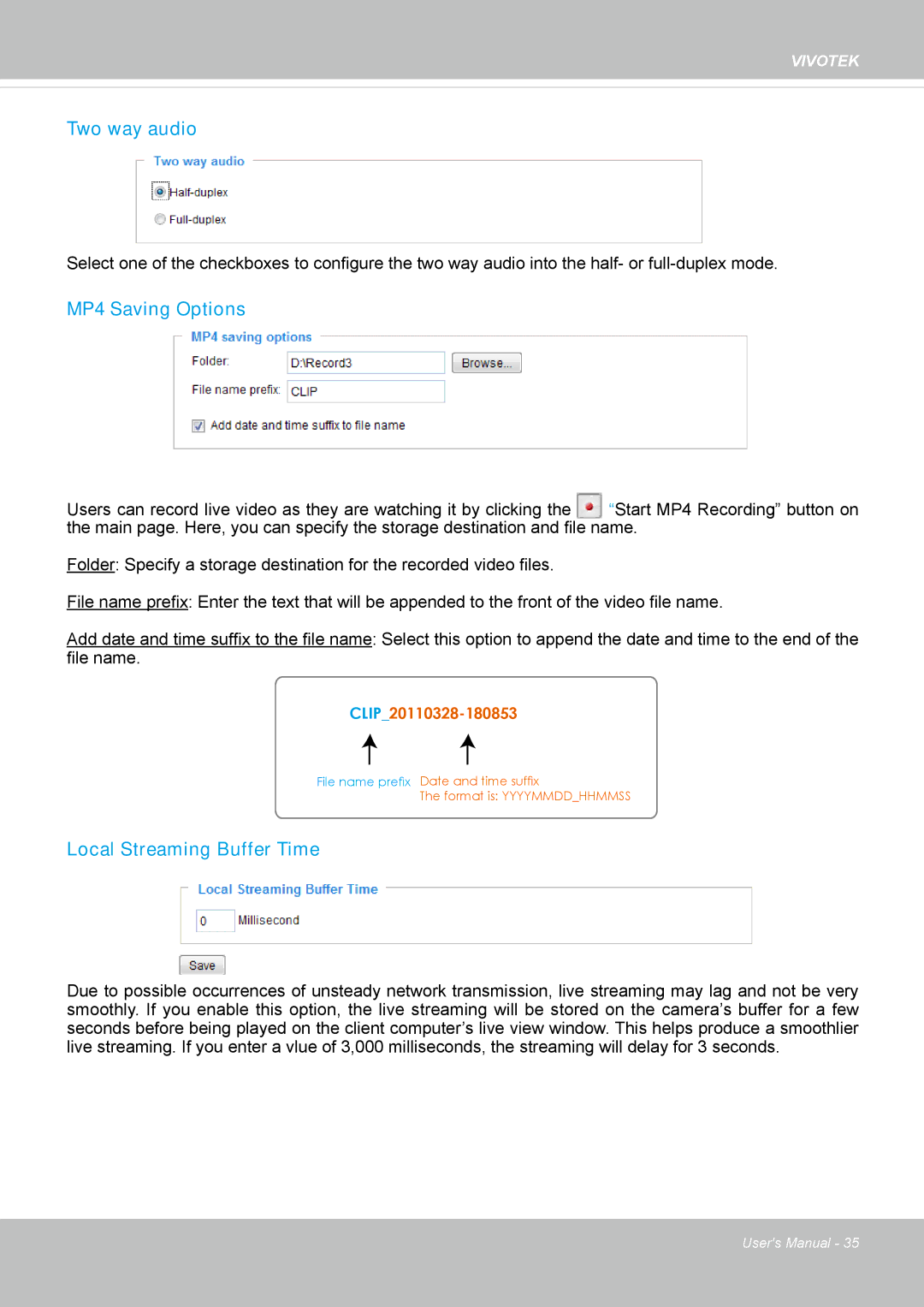 Vivotek FE8173 user manual Two way audio, MP4 Saving Options, Local Streaming Buffer Time 