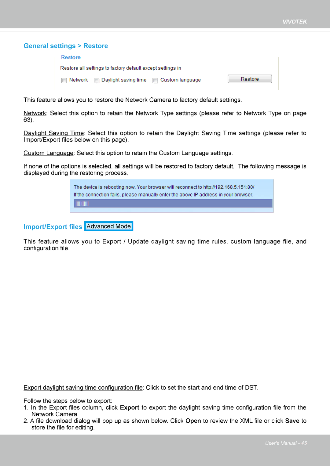 Vivotek FE8173 user manual General settings Restore, Import/Export files 