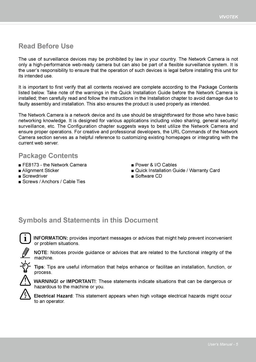 Vivotek FE8173 user manual Read Before Use, Package Contents, Symbols and Statements in this Document 