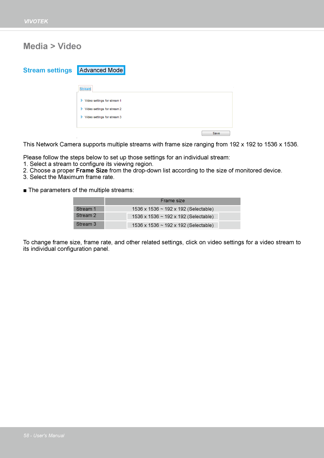Vivotek FE8173 user manual Media Video, Stream settings 