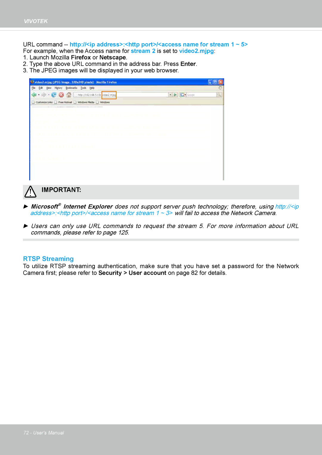 Vivotek FE8173 user manual Rtsp Streaming 