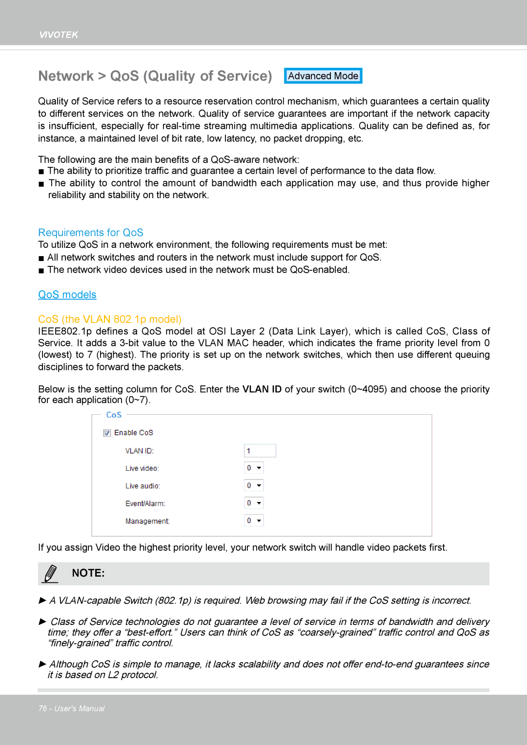 Vivotek FE8173 user manual Network QoS Quality of Service, Requirements for QoS 