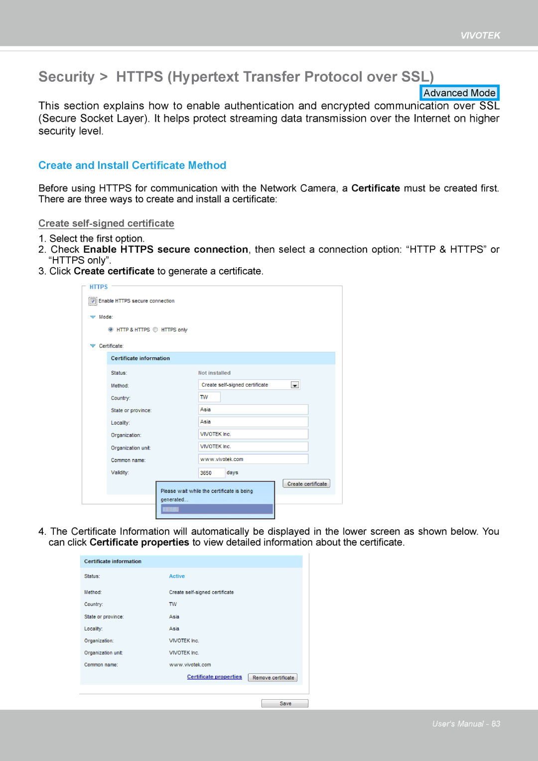 Vivotek FE8173 user manual Security Https Hypertext Transfer Protocol over SSL, Create and Install Certificate Method 