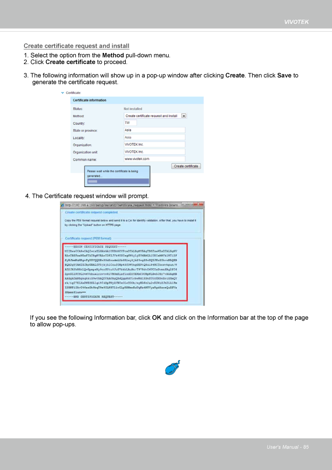 Vivotek FE8173 user manual Create certificate request and install 