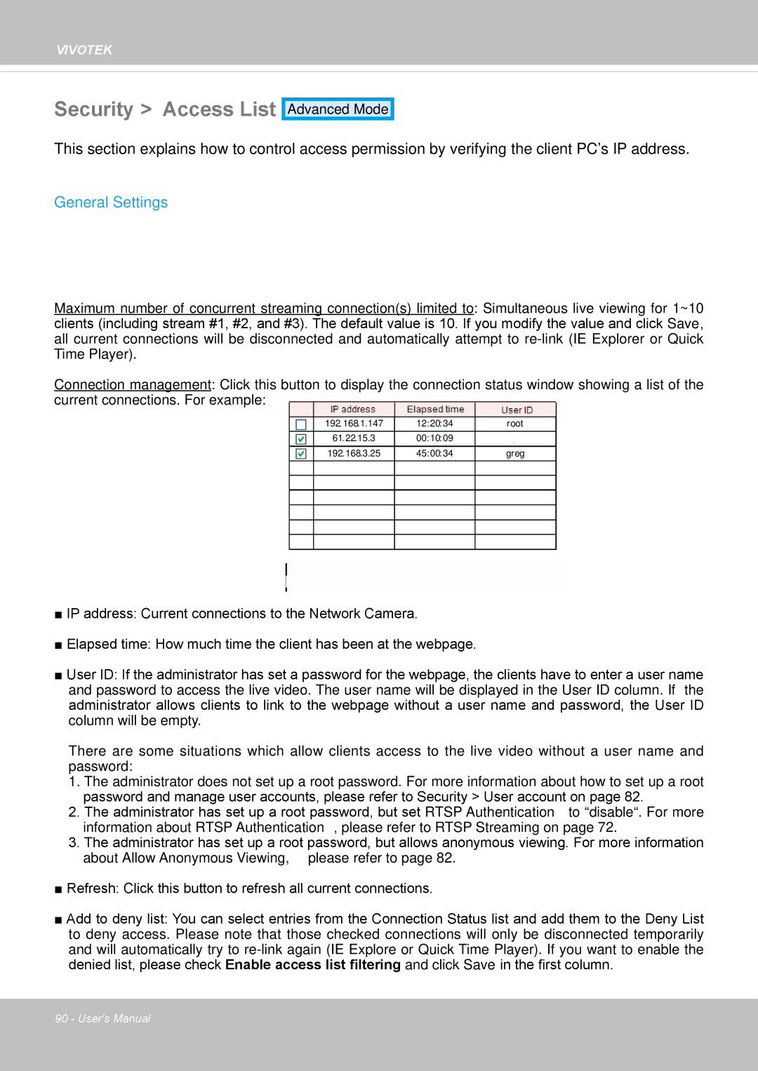 Vivotek FE8173 user manual Security Access List, Current connections. For example 