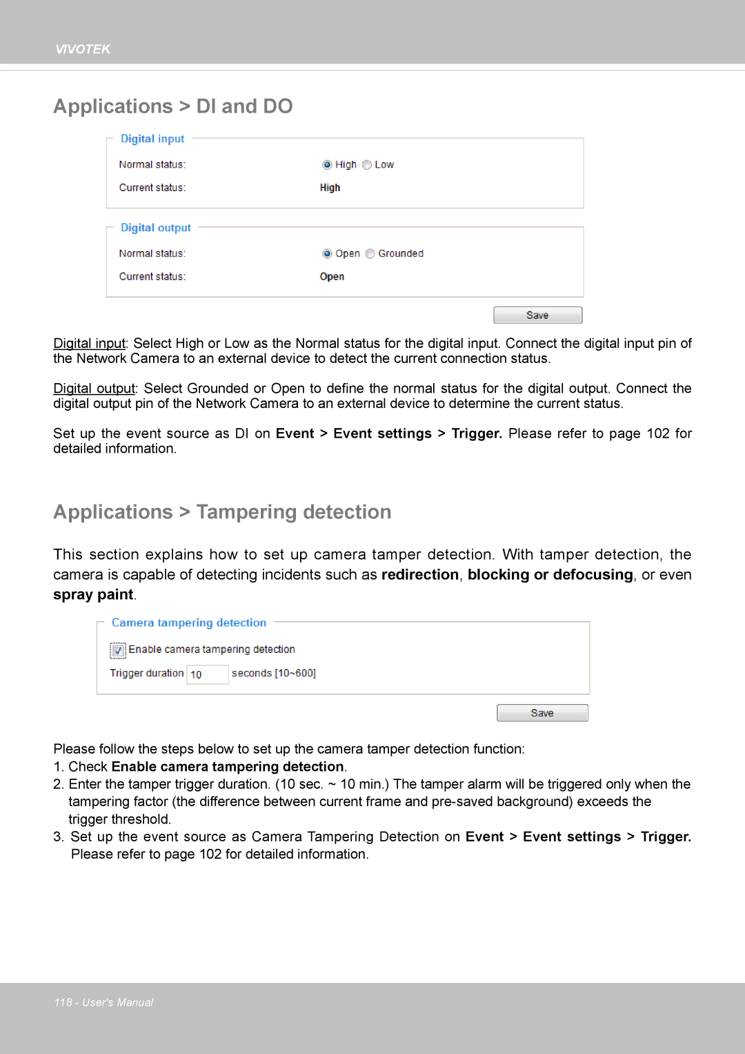 Vivotek FE8174 user manual Applications DI and do, Applications Tampering detection 